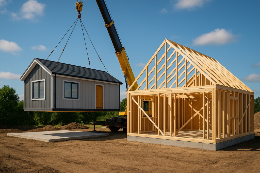Porównanie budowy domu modułowego i domu szkieletowego – montaż prefabrykatu oraz konstrukcja drewniana na placu budowy