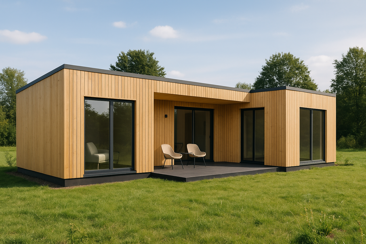 Nowoczesny parterowy dom modułowy z dużymi przeszkleniami, gotowy do zamieszkania